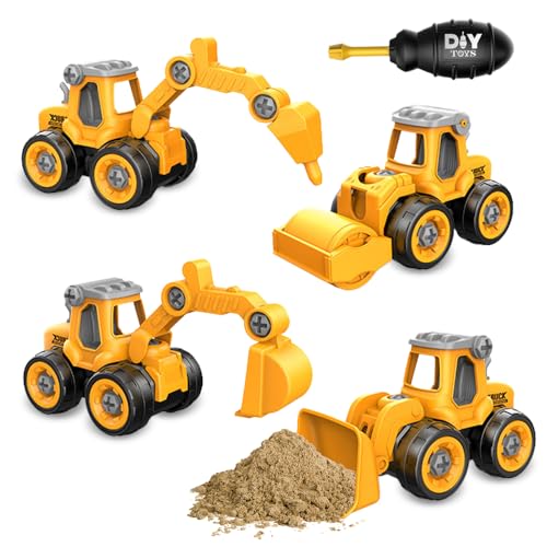 Afenau Sandspielzeug Fahrzeuge, 4 Stück Sandkasten Fahrzeuge Mit Schraubendreher, Abnehmbar Spielzeug Bagger Sandkasten, Bagger Sandspielzeug für Kinder Sommerspielzeug, Geschenke (Gelb) von Afenau