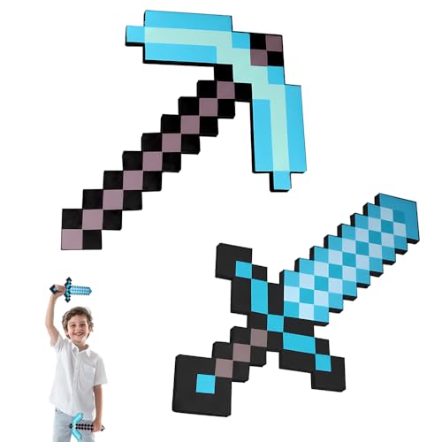 Afenau Spitzhacke und Schwert Spielzeug, 2 Stück Schwert Diamant, 45 cm Schaumstoff Spitzhacke für Videospielfans, Pixel Schwert für Party Cosplay Kostümpartys Geburtstagsparty Halloween (Blau) von Afenau