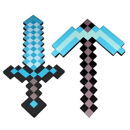 Pitzhacke und Schwert Spielzeug, 2 Sätze 45cm Schaumstoffschwert Waffe für Rollenspiele, Spitzhacke Kinder Rollenspiel und Kostümzubehör, Party Geschenke für Kinder und Gamer (Blau) von Afenau