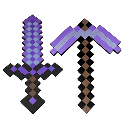 Pitzhacke und Schwert Spielzeug, 2 Sätze 45cm Schaumstoffschwert Waffe für Rollenspiele, Spitzhacke Kinder Rollenspiel und Kostümzubehör, Party Geschenke für Kinder und Gamer (Lila) von Afenau
