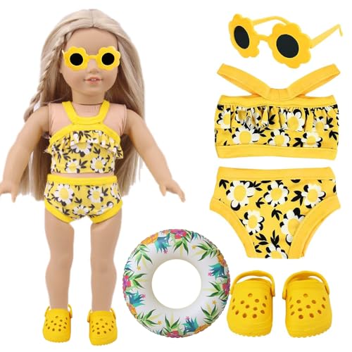 Puppen Schwimmset, Afenau 4 Stück Puppen Badeanzug Set mit Schwimmring, Sonnenbrille, Badeanzug und Sandalen, Lustigen Puppenkleidung Sommer, Baby Puppenzubehör für18 Zoll Schwimmpuppe (Gelb) von Afenau