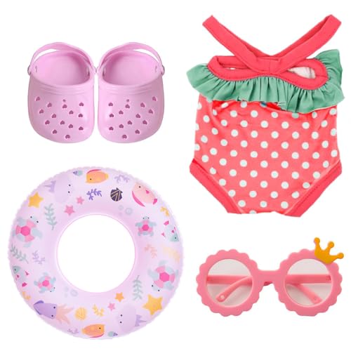 Puppen Schwimmset, Afenau 4 Stück Puppen Badeanzug Set mit Schwimmring, Sonnenbrille, Badeanzug und Sandalen, Lustigen Puppenkleidung Sommer, Baby Puppenzubehör für18 Zoll Schwimmpuppe (Rosa) von Afenau