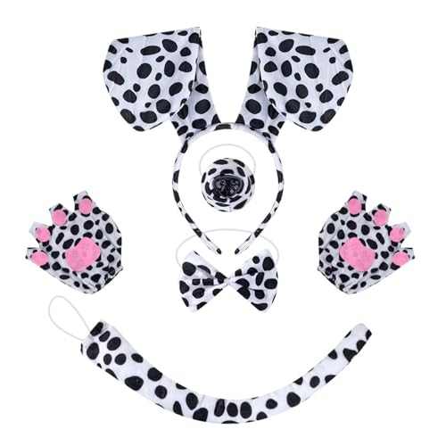 AffeGifts 5 Stück Dalmatiner Kostüm Set, Hunde Ohren Kostüm für Kinder Erwachsene mit Ohren Stirnband Handschuhe Nase Schwanz Krawatte, Hund Kostüm für Halloween Cosplay Party von AffeGifts