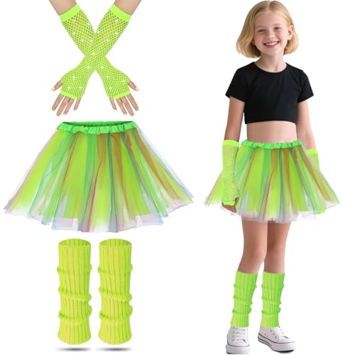 AffeGifts 80er Jahre Outfit Kinder, Stulpen Neon Kostümsets Mädchen Neon Bein Warmer Fischnetze Handschuhe Und Fancy Kleid Tutu für 1980er Themenparty Disco Party Kostüm Karneval Treffen (Grün) von AffeGifts