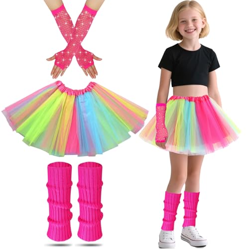 AffeGifts 80er Jahre Outfit Kinder, Stulpen Neon Kostümsets Mädchen Neon Bein Warmer Fischnetze Handschuhe Und Fancy Kleid Tutu für 1980er Themenparty Disco Party Kostüm Karneval Treffen (Regenbogen) von AffeGifts