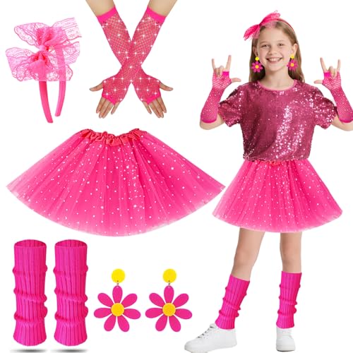 AffeGifts 80er Jahre Outfit Kinder, Stulpen Pink Kinder 80er Jahre Outfit für Mädchen mit Tutu Rock Fishnet Handschuhe Ohrringe Stirnband Mädchen Party Kleid für 80er 90er Jahre Disco Party Cosplay ﻿ von AffeGifts