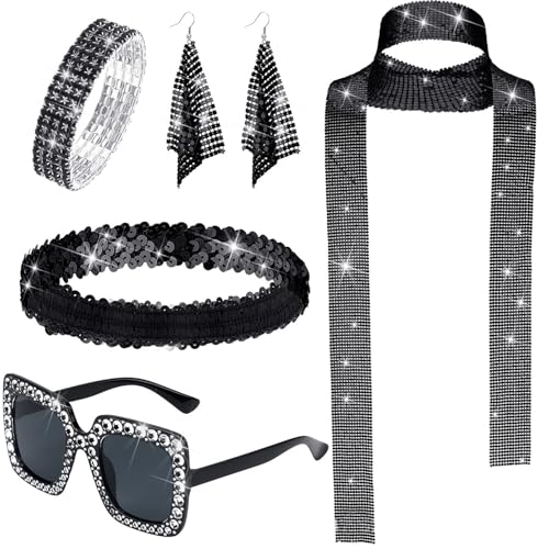 AffeGifts Abba Kostüm Damen 5pcs, Disco Outfit Damen Pailletten Schal Ohrringe, Sonnenbrille Armband und Stirnband Detective Accessories Frauen 70er 80er Jahre Disco Themenparty (Schwarz) von AffeGifts