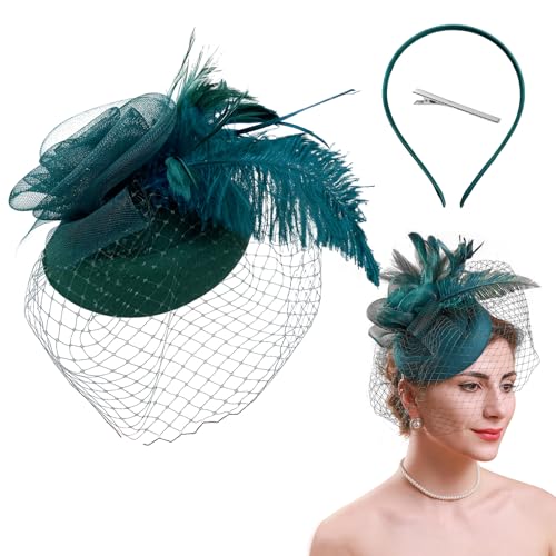 AffeGifts Fascinator Damen Grün im Vintage Stil mit Schleier und Feder-Fascinator-Stirnband für Hochzeiten im 1940er Jahre Stil, Pillbox Hut für Teeparty Kostüme AffeGifts Fascinator Damen Grün im Vintage Stil mit Schleier und Feder-Fascinator-Stirnband für Hochzeiten im 1940er Jahre Stil, Pillbox Hut für Teeparty Kostüme von AffeGifts
