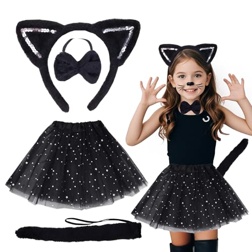 AffeGifts Katzen Kostüm für Mädchen 4 Stück, Katze Ohren Stirnband Schwarz Tutu Rock Schwanz und Krawatte für Kinder Tier Thema Kostüm Karneval Halloween Party Dress Up ﻿ von AffeGifts