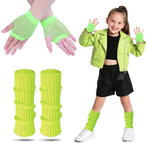 AffeGifts Stulpen Pink Kinder, 80er Jahre Stulpen Kinder mit Neon Fishnet Handschuhe Warme Strickbeinwärmer 80er Kostüm Zubehör Set für Mädchen Fancy Kleid 1980er Themenparty (Grün) von AffeGifts
