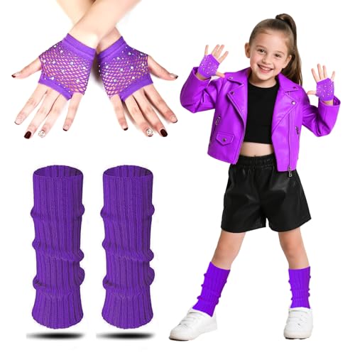 AffeGifts Stulpen Pink Kinder, 80er Jahre Stulpen Kinder mit Neon Fishnet Handschuhe Warme Strickbeinwärmer 80er Kostüm Zubehör Set für Mädchen Fancy Kleid 1980er Themenparty (Lila) von AffeGifts