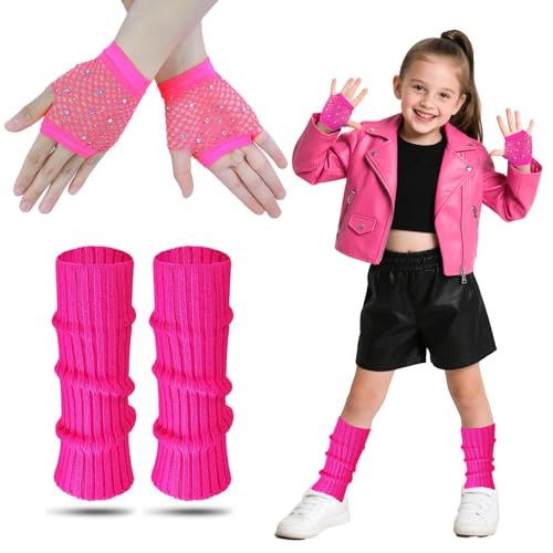 AffeGifts Stulpen Pink Kinder, 80er Jahre Stulpen Kinder mit Neon Fishnet Handschuhe Warme Strickbeinwärmer 80er Kostüm Zubehör Set für Mädchen Fancy Kleid 1980er Themenparty (Rose Rot) von AffeGifts