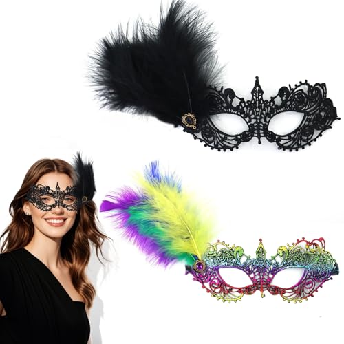 AffeGifts Venezianische Maske Damen,2pcs - Bunte und Schwarze Masquerade Mask Women,Venezianisches Kostüm Masken Aus Venedig,1920er Jahre Mardi Gras Party Maske Ballmaske für Cosplay von AffeGifts