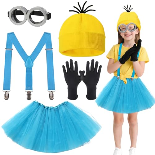 Minion Kostüm Kinder, Gelbe Kostüm Kinder Gelb Kostüm Set Einschließlich Steampunk Brillen Brillen Beanie Stricken Hüte Schwarze Handschuhe für Halloween Jungen Kostüm Cosplay Party Zubehör (Mädchen) von AffeGifts