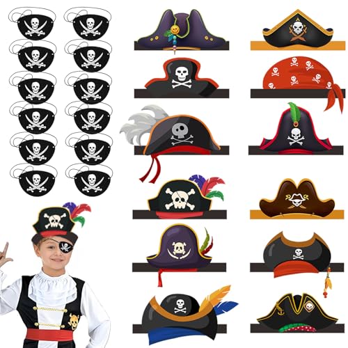 Piraten Kindergeburtstag Set, 24pcs Piratenhut Kinder Schädel Druck Piraten Hüte Kinder Auge Patch Piraten Party Tasche Füller Karibik Party Dress Up für Halloween Masquerade Party Cosplay von AffeGifts