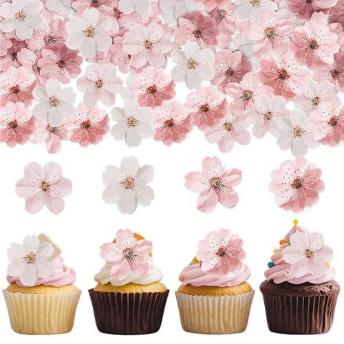 Affivia 48 Stück Essbare Blüten Tortendeko Kirschblüten Deko, Tortendeko Essbar Blumen Rosa,Essbare Blumen für Torte,Zuckerblumen Muffin,Esspapier Kirschblüte Kuchen Deko für Geburtstag,Hochzeit,Braut von Affivia