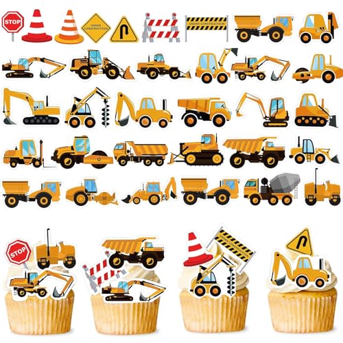 Affivia 64 Stk Bagger Tortendeko Traktor Essbar,Esspapier Baustelle Kuchen Deko Geburtstag,Bagger Essbare Tortendeko Kindergeburtstag,Kuchendeko Traktor Geburtstag Muffin Deko Baustelle Cupcake Topper von Affivia