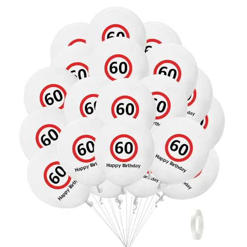 Affivia Verkehrsschild 60 Geburtstag Deko Luftballons, 20 Stück Deko 60. Geburtstag Mann Frau Ballons, Luftballons 60. Geburtstage Weiß Rot, Geburtstagsdeko 60 Jahre Frau Mann,Happy Birthday 60 Ballon von Affivia