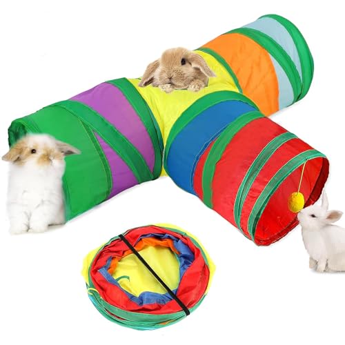 Hasentunnel und Röhren – zusammenklappbar, 3-Wege-Kleintiere, Kaninchen-Spiel-Tunnel, Spielzeug mit interaktivem Ball, Versteck für kleine Tiere, Versteck für Kätzchen, Meerschweinchen, Zwerg, drinnen von Aforetuto