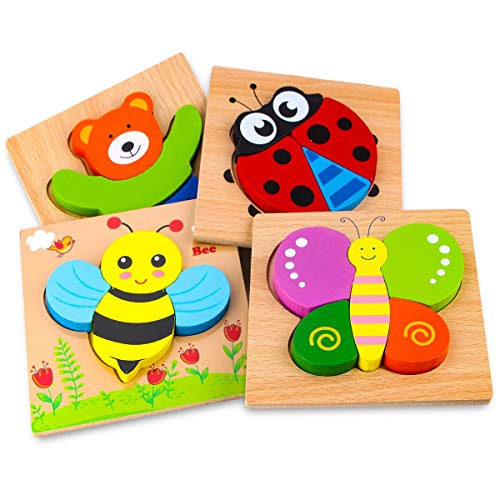 Afufu Holzpuzzle, Holzspielzeug ab 1 2 3 Jahren, 4 Stück Steckpuzzle Holz Montessori Spielzeug für Baby, Tier Holzpuzzle Puzzle Kleinkind Lernspielzeug für Kinder von Afufu
