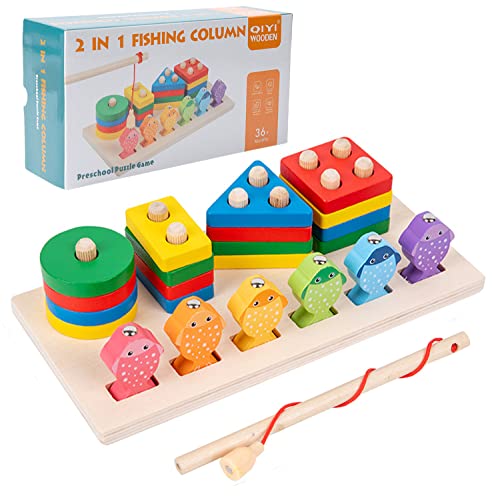 Afufu Montessori Spielzeug Geometrische Blöcke Sortier & Stapelspielzeug, 2 in 1 Holzspielzeug Magnetische Angelspiel Formen-Sortierspiel, Kinderspielzeug für Mädchen Junge ab 3 4 5 Jahre von Afufu
