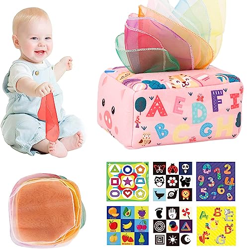 Afufu Tücherbox Baby, Montessori Taschentuchbox Sensorik Spielzeug mit 3 Knisterpapier & 10 Bunte Seidenschals, Tissue Box Babyspielzeug 6 Monate, Geschenke für Kleinkinder 0-12 Monate Jungen Mädchen von Afufu