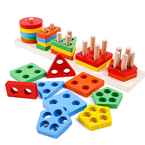 Afunti Hölzernes Form-Sortierer-Puzzlespiel-Spielzeug mit dem Stapeln von Blöcken, geometrisches Sortieren von Afunti