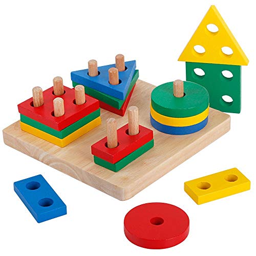 Afunti Holzpuzzles Geometrisches Stapel Steckspiel Farben und Formen Sortierspiel Lernspielzeug für Kleinkind Kinder von Afunti