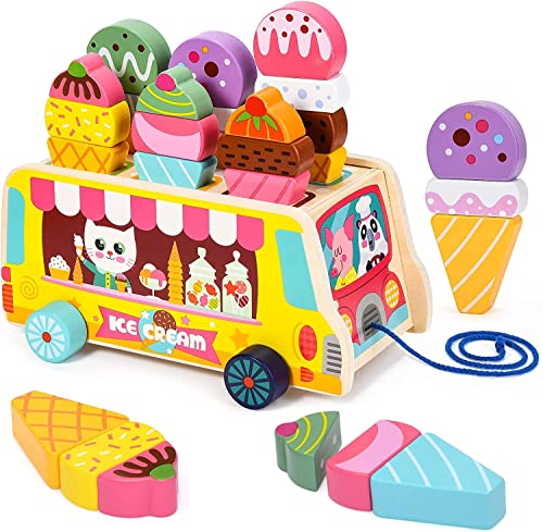 Ice Cream Toy Wooden Ice Cream Trolley with Movable Wheels Magnetic Ice Cream Value Shop Role Toy Shop and Children's Kitchen Accessories Gift for Children Girls Boys from 2 3 4 5 von Afunti