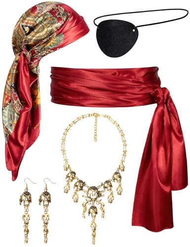 Piratenkostüm für Damen, Piratenkopftuch, Schärpe, Gürtel, Halskette, Fehler, Augenklappe, Halloween, Cosplay, Kostümzubehör-Set, Rot/Ausflug, einfarbig (Getaway Solids), Einheitsgröße von AgeCostume