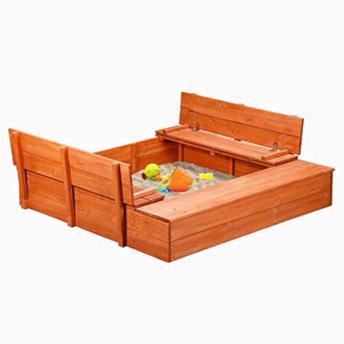Kinder-Sandkasten aus Holz mit Abdeckung und faltbarer Aufbewahrungsbank, Sandbox mit verstellbarem Baldachin, Kinderspielausrüstung für Outdoor, Hinterhof, Garten (119 x 119 cm) von Agitree