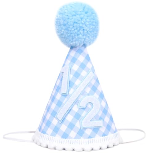 Agkvw 1/2 Geburtstag Hut für Baby - Halber Geburtstag Krone 1/2 Geburtstag Party Dekoration Gingham Stil Geburtstag Hut (Blau 1/2 Geburtstag Hut) von Agkvw