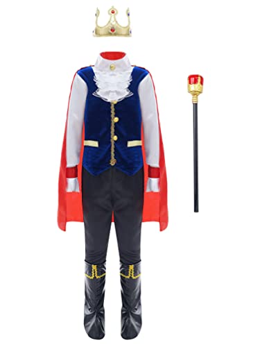 Agoky 7/2 Stücke Jungen Mittelalterlichen Prinz König Kostüm Kind Umhang Krone Royal Schlagstock Halloween Kostüme für Kinder Cosplay Rollenspiel Party Blau E 134-140 von Agoky