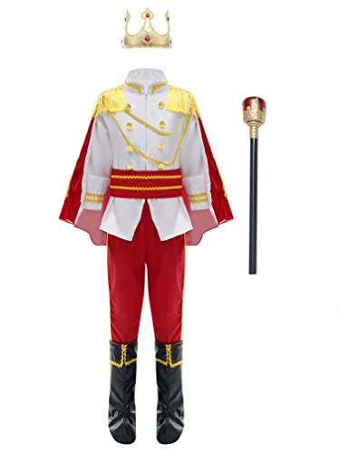 Agoky 7/2 Stücke Jungen Mittelalterlichen Prinz König Kostüm Kind Umhang Krone Royal Schlagstock Halloween Kostüme für Kinder Cosplay Rollenspiel Party Weiß D 98-104 von Agoky