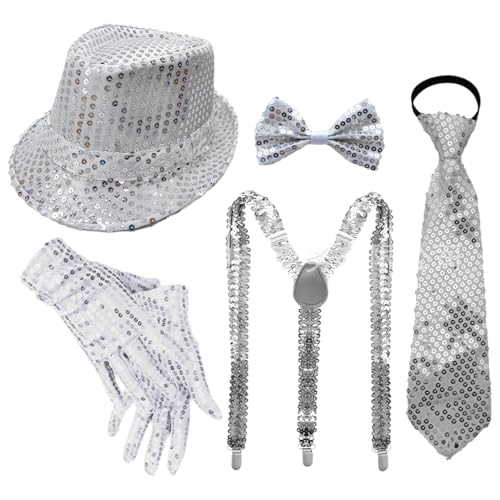Agoky 70er Jahre Glitzer Disco Kostüm Set Pailletten Fedora Hut Krawatte Handschuhe Für Disco Tanzparty Zaubershow Typ C Silber 5 Stück Einheitsgröße Agoky 70er Jahre Glitzer Disco Kostüm Set Pailletten Fedora Hut Krawatte Handschuhe Für Disco Tanzparty Zaubershow Typ C Silber 5 Stück Einheitsgröße von Agoky