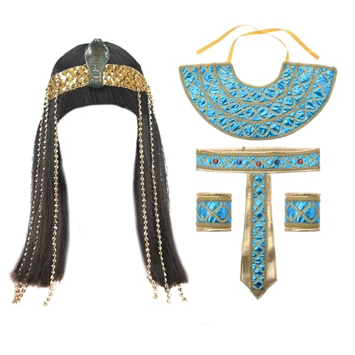 Agoky Ägyptische Kleopatra Cosplay Set Kleopatra Perücke mit Kunststoffperlen Halskragen Armbänder Taillengürtel Kleopatra Pharao Kostüm Halloween Party Blau One Size von Agoky
