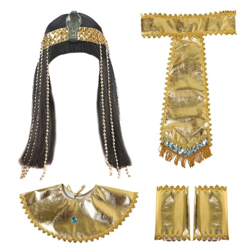 Agoky Ägyptische Kleopatra Cosplay Set Kleopatra Perücke mit Kunststoffperlen Halskragen Armbänder Taillengürtel Kleopatra Pharao Kostüm Halloween Party Gold B One Size von Agoky