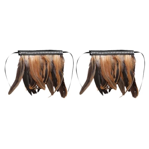 Agoky Damen 1/2 Pcs Feder Armbänder Echte Natürliche gefärbte Hahn Feder Handgelenk Manschetten mit Band Binden für Kostüm Party Halloween Braun Perlen One Size von Agoky