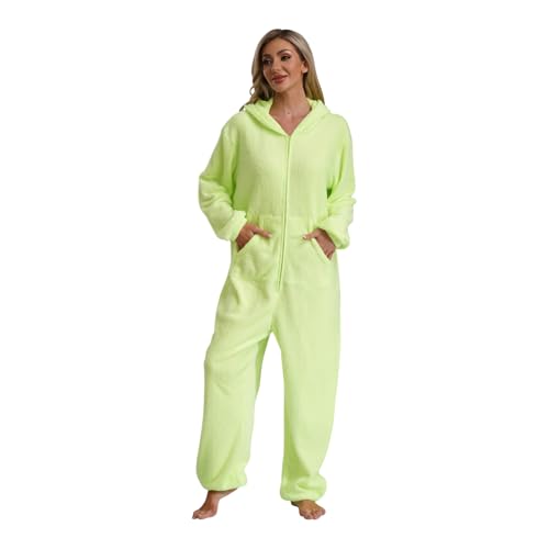 Agoky Damen Alien Kostüm Fleece Jumpsuit Hooded Overall Loose Fit Einteiler Schlafanzug Lang Weiche und Warme Nachtwäsche Loungewear Leuchtendes Grün XXL von Agoky