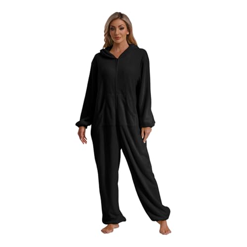 Agoky Damen Alien Kostüm Fleece Jumpsuit Hooded Overall Loose Fit Einteiler Schlafanzug Lang Weiche und Warme Nachtwäsche Loungewear Schwarz XXL von Agoky