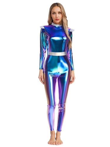 Agoky Damen Alien Kostüm Weltall Astronauten Cosplay Uniformen Ganzkörperanzug Metallic Body mit Farbblock Jumpsuit Overall Spacegirl Halloween Cosplay Outfits Blau M von Agoky