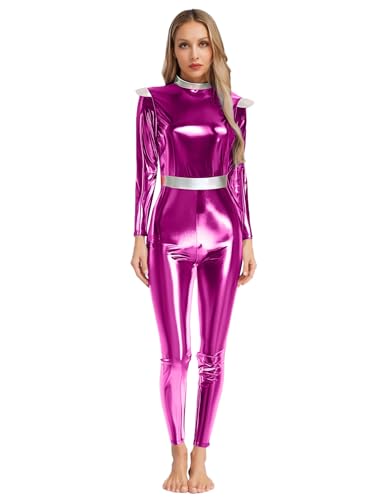 Agoky Damen Alien Kostüm Weltall Astronauten Cosplay Uniformen Ganzkörperanzug Metallic Body mit Farbblock Jumpsuit Overall Spacegirl Halloween Cosplay Outfits Hot Pink M von Agoky