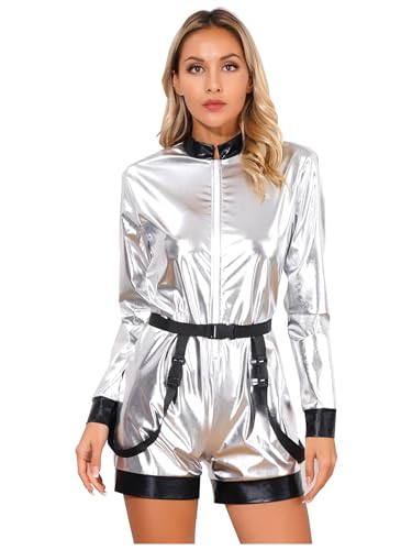 Agoky Damen Astronauten Kostüme Spaceman Cosplay Futuristische Kleidung Metallic Jumpsuit Overall in Silber Raumfahrer Anzug Motto Party Outfits Silber Kurz XL von Agoky