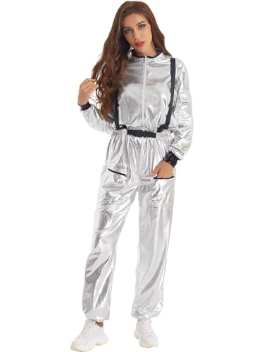 Agoky Damen Astronauten Kostüme Spaceman Cosplay Futuristische Kleidung Metallic Jumpsuit Overall in Silber Raumfahrer Anzug Motto Party Outfits Silber L von Agoky