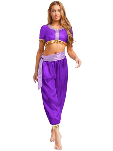 Agoky Damen Bauchtanz Kostüm aus Kurzarm Crop Top Pailletten Shirt mit Münzen Anhänger + Satin Pumphose Loose Fit Tanzhose mit Beinabschluss Halloween Verkleidung Violett XXL von Agoky
