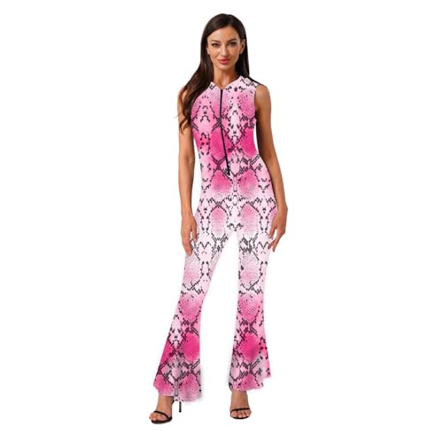 Agoky Damen Bedruckter Jumpsuit mit Kapuze Ärmellos Hemd Bluse und High Waist Schlaghose Glockenhose 70er 80er Jahre Disco Hippie Kostüm Rosa L von Agoky