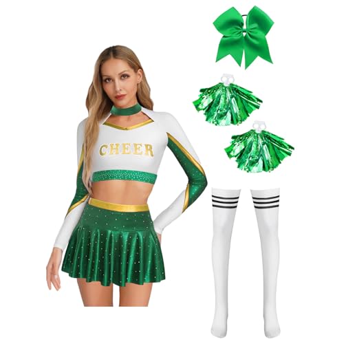 Agoky Damen Cheer Leaderin Kostüm Cheerleading Uniform Langarm Shirt Kurz Bauchfrei Top + Mini Skater Glocken Rock + College Strümpfe + Pompoms + Haargummi Karneval Verkleidung Grün L Agoky Damen Cheer Leaderin Kostüm Cheerleading Uniform Langarm Shirt Kurz Bauchfrei Top + Mini Skater Glocken Rock + College Strümpfe + Pompoms + Haargummi Karneval Verkleidung Grün L von Agoky
