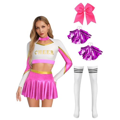Agoky Damen Cheer Leaderin Kostüm Cheerleading Uniform Langarm Shirt Kurz Bauchfrei Top + Mini Skater Glocken Rock + College Strümpfe + Pompoms + Haargummi Karneval Verkleidung Hot Pink XXL Agoky Damen Cheer Leaderin Kostüm Cheerleading Uniform Langarm Shirt Kurz Bauchfrei Top + Mini Skater Glocken Rock + College Strümpfe + Pompoms + Haargummi Karneval Verkleidung Hot Pink XXL von Agoky
