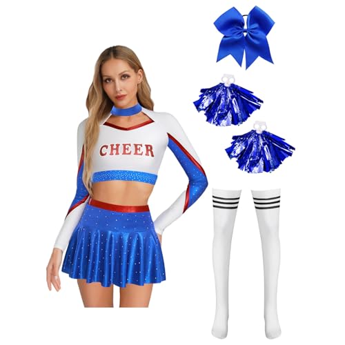 Agoky Damen Cheer Leaderin Kostüm Cheerleading Uniform Langarm Shirt Kurz Bauchfrei Top + Mini Skater Glocken Rock + College Strümpfe + Pompoms + Haargummi Karneval Verkleidung Königsblau XXL Agoky Damen Cheer Leaderin Kostüm Cheerleading Uniform Langarm Shirt Kurz Bauchfrei Top + Mini Skater Glocken Rock + College Strümpfe + Pompoms + Haargummi Karneval Verkleidung Königsblau XXL von Agoky