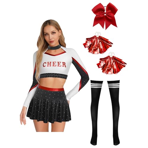 Agoky Damen Cheer Leaderin Kostüm Cheerleading Uniform Langarm Shirt Kurz Bauchfrei Top + Mini Skater Glocken Rock + College Strümpfe + Pompoms + Haargummi Karneval Verkleidung Rot XXL Agoky Damen Cheer Leaderin Kostüm Cheerleading Uniform Langarm Shirt Kurz Bauchfrei Top + Mini Skater Glocken Rock + College Strümpfe + Pompoms + Haargummi Karneval Verkleidung Rot XXL von Agoky